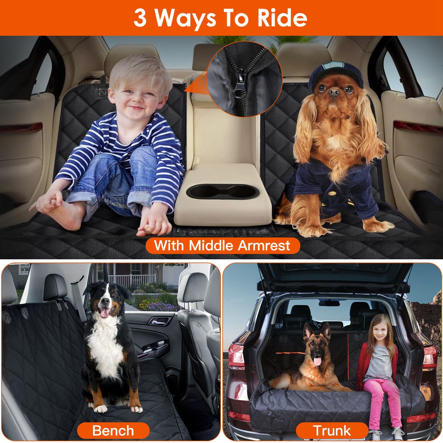 Dog riding safely on car seat cover with seat belt