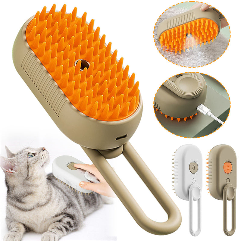 Cat being groomed with steam brush